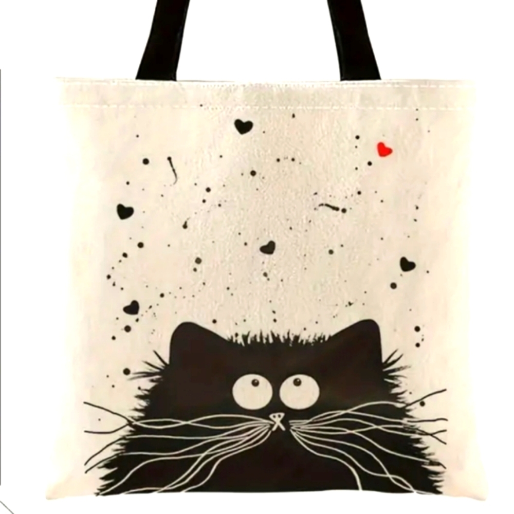 NEW Canvas Black Cat KITTY Cat Tote Bag 15.75"X16.5"